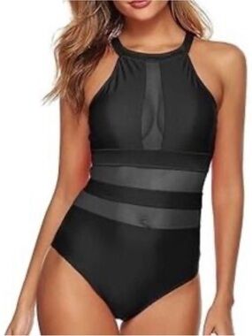 La Blanca Black High-Neck One-Piece Swimsuit with Sheer Panels
